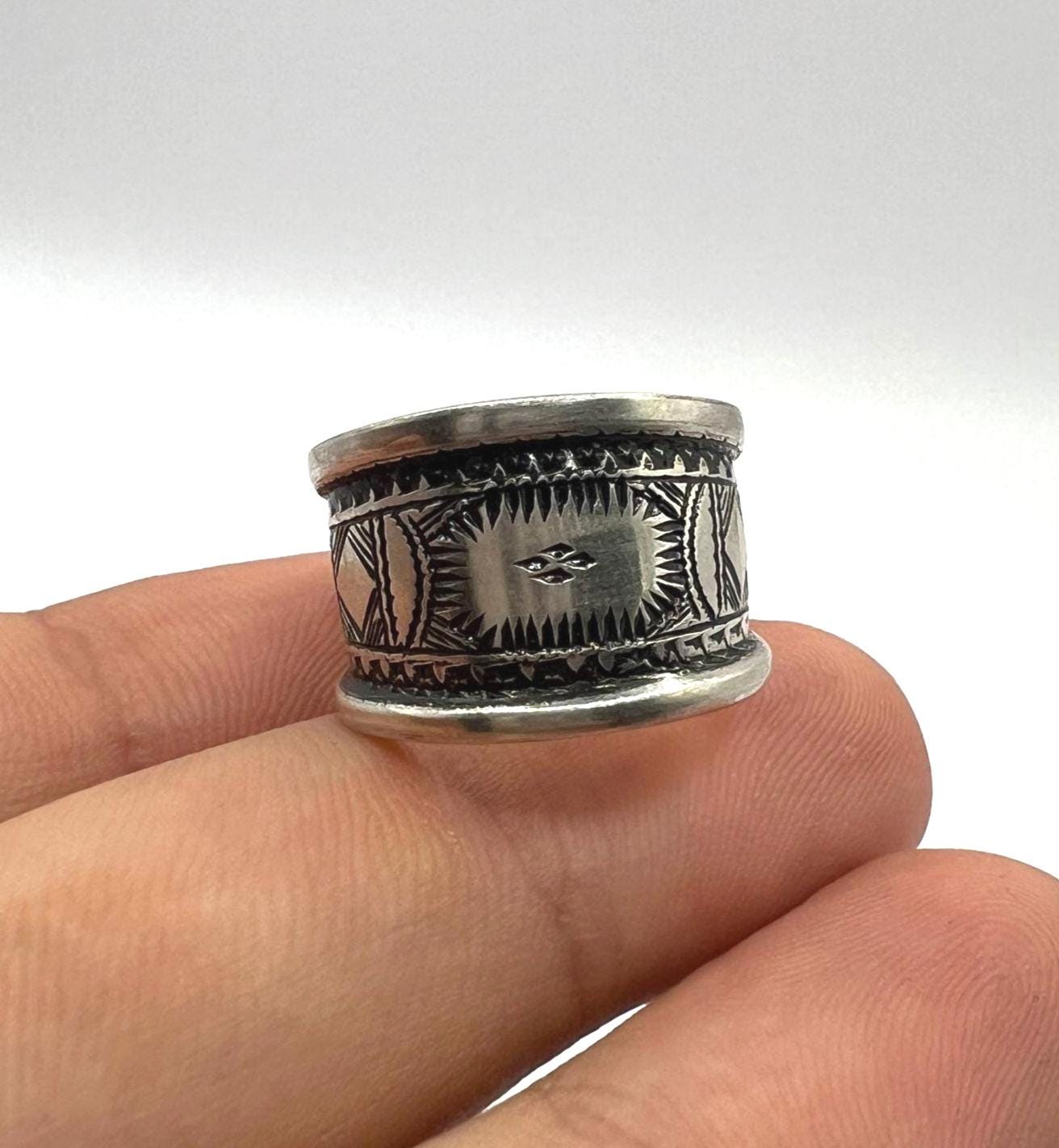 Sterling Silver Amazigh Ring - Hand-Engraved Berber Tribal Band (Size 7 US)