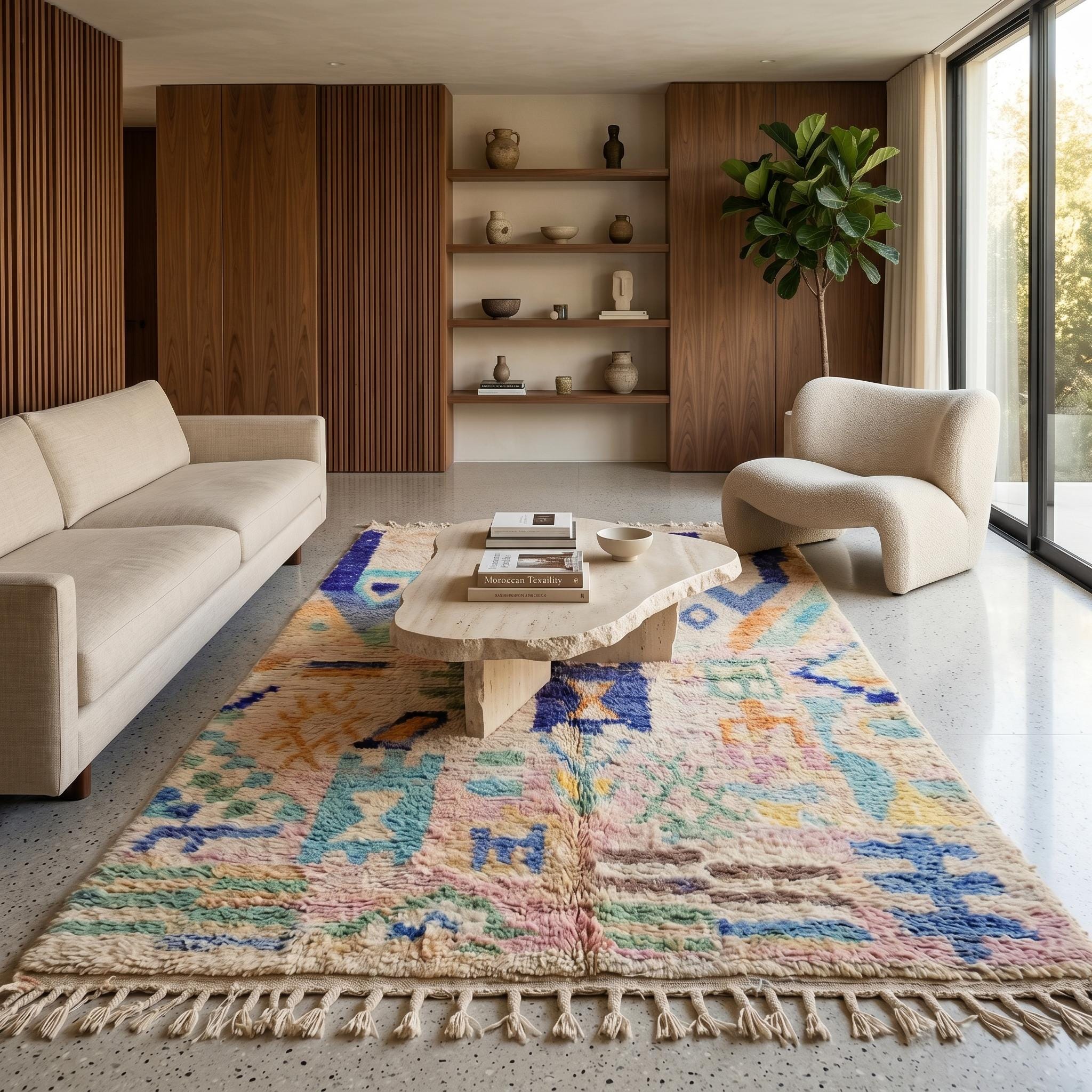 Boujaad Rug 8x5 ft - Ivory Indigo Pastel Wool Rug - One of a Kind Art Rug - Rare Collector Berber Carpet - Abstract Boho Rug