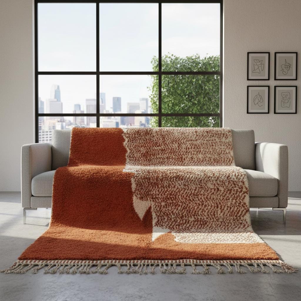 Abstract Rug - Authentic Wool Beni Ourain Berber Carpet, Boho Decor Rug