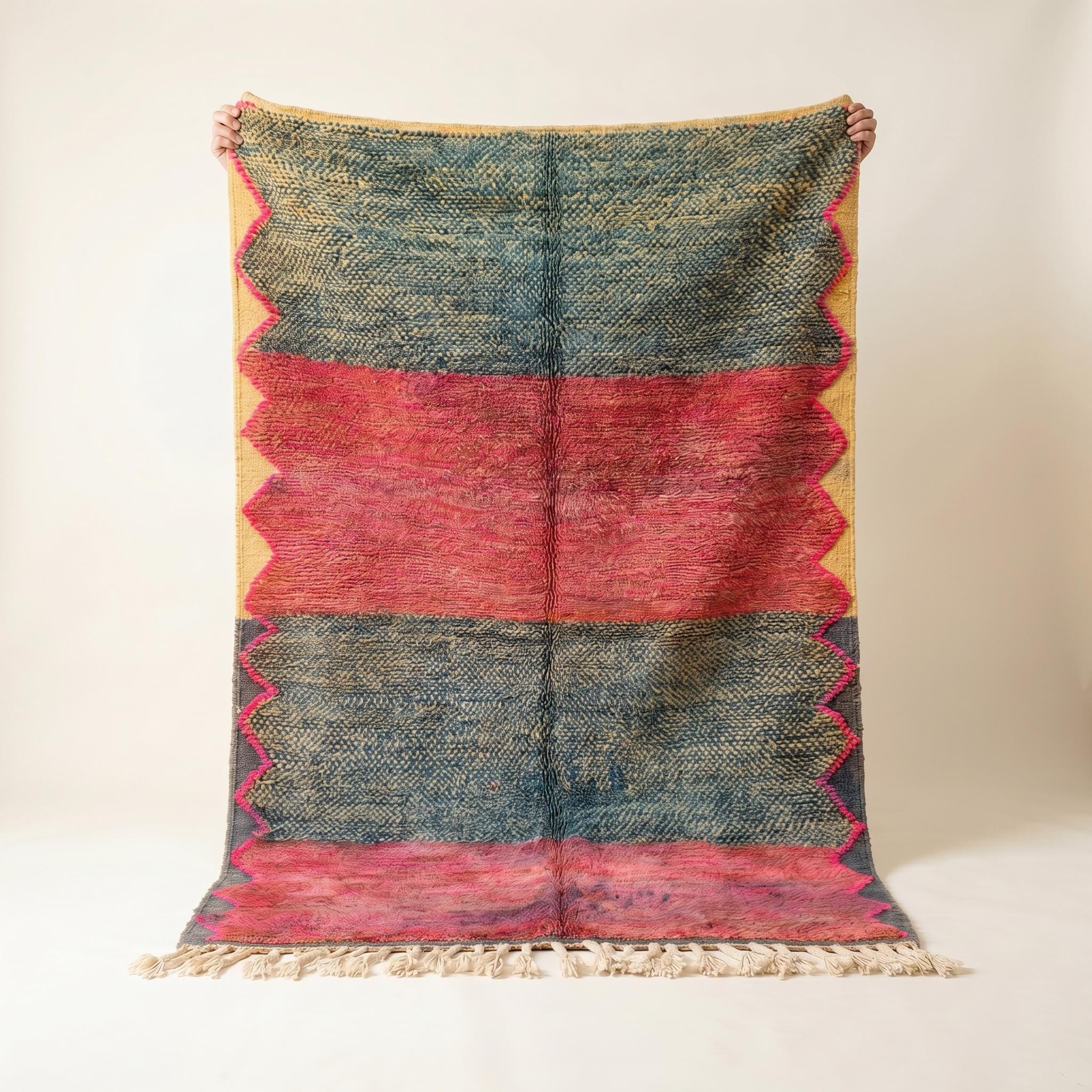Boujaad Rug - Teal Blue Fuchsia Wool Rug - Handmade Stripe Abstract Rug - One of a Kind Boho Berber Carpet