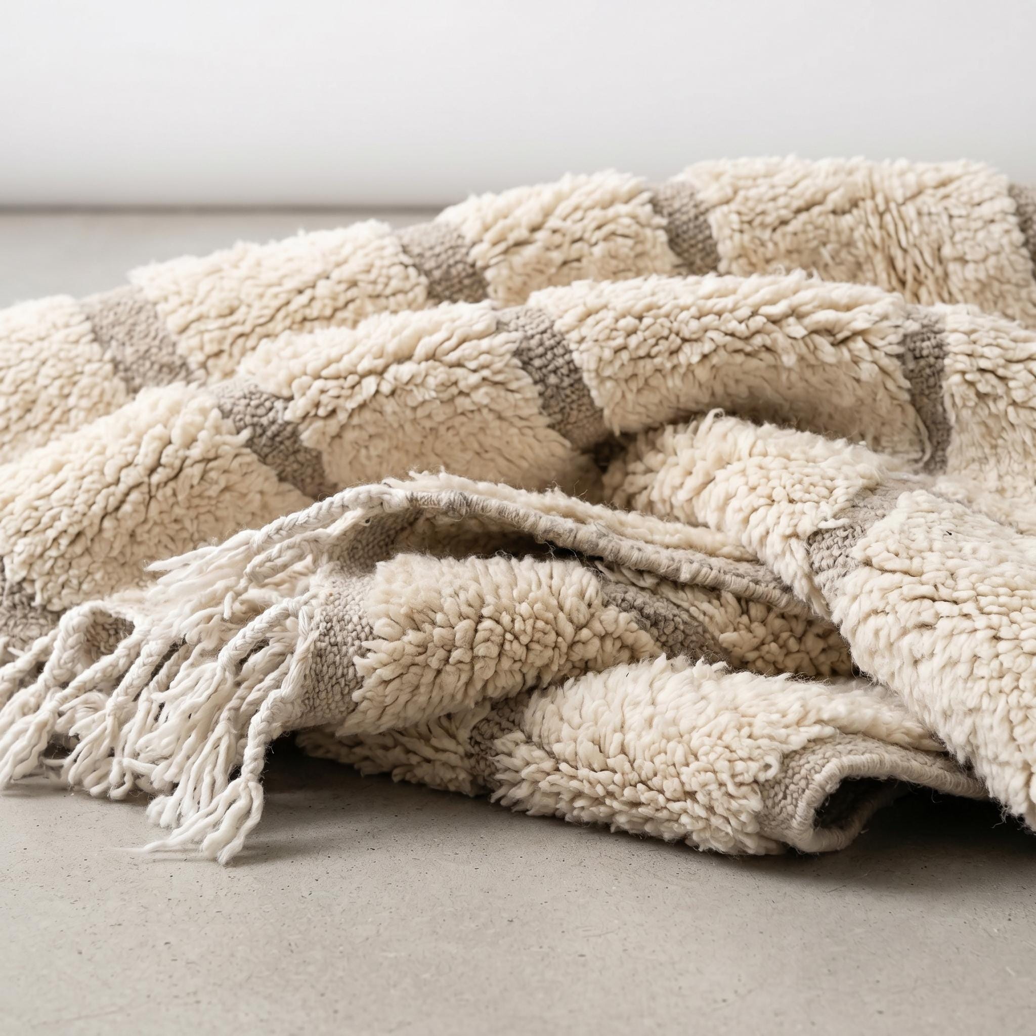 Beni Ourain Rug - Ivory Grey Wool Rug - Handmade Striped Rug - Japandi Area Rug - Minimalist Berber Carpet - Multiple Sizes