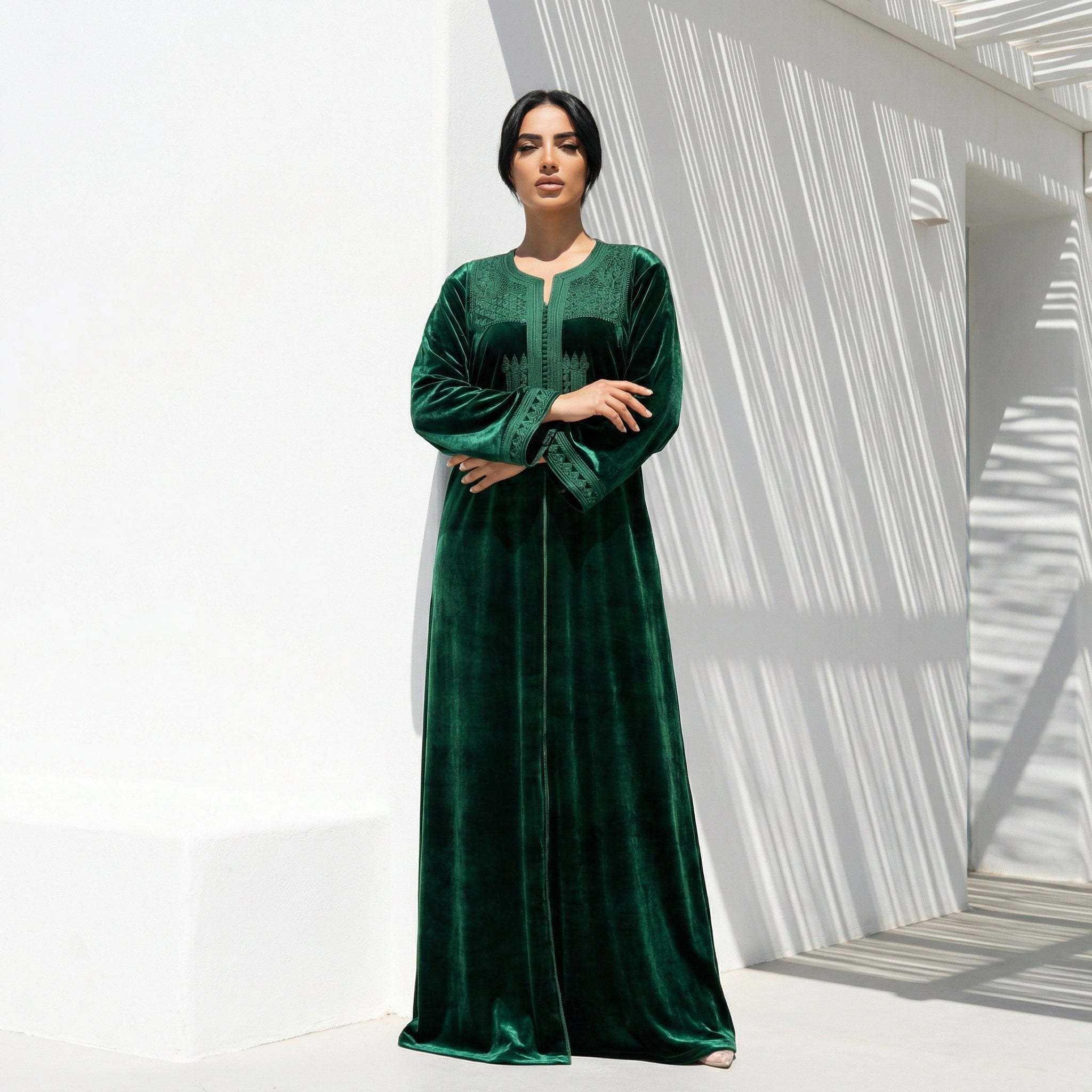 Women's Kaftan - Berber Velvet Green Geometric Occasion Wear