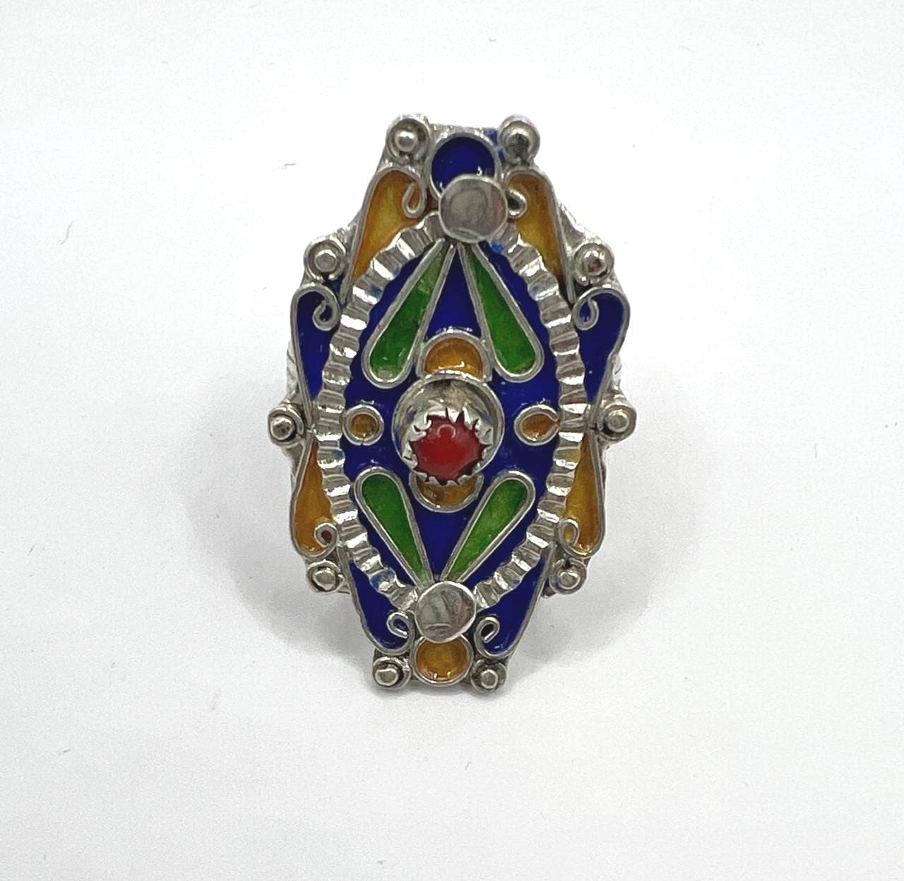 Kabyle Berber Ring: Sterling Silver, Enamel Coral - Handmade Adjustable Size FR 59 / 9 US