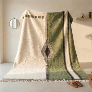 Amazigh Olive Green Beni Ourain Rug, Split Field Wool Carpet, Handmade Shag Diamond Living Room