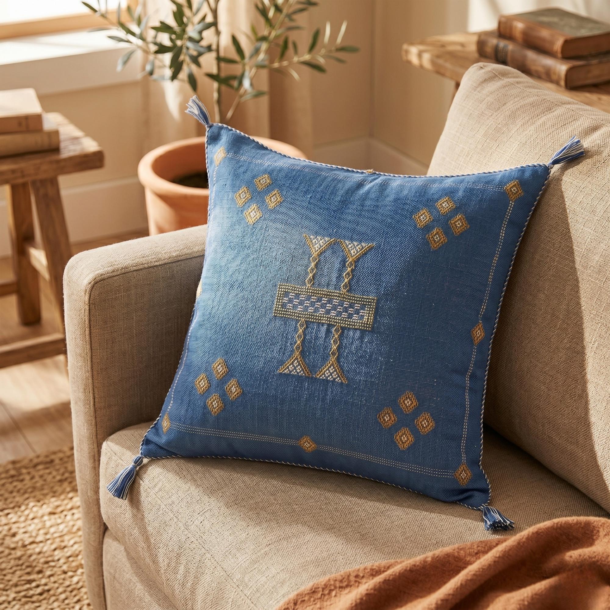 Berber Blue Cactus Silk Handmade Sabra Cushion Pillow