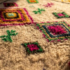 Amazigh Handmade Beni Ourain Wool Rug, Rainbow Diamond Shag Carpet, Boho Eclectic Ivory Pink Green