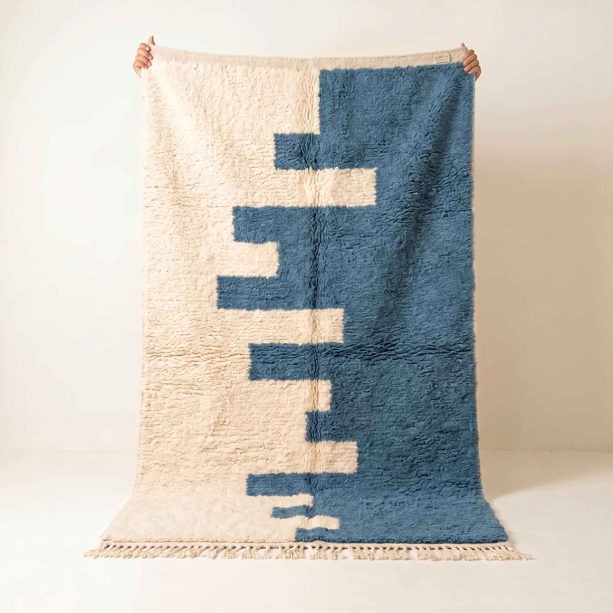 Boujaad Rug - Ivory Steel Blue Wool Rug - Handmade Abstract Split Rug - Modern Area Rug - Berber Carpet - Multiple Sizes