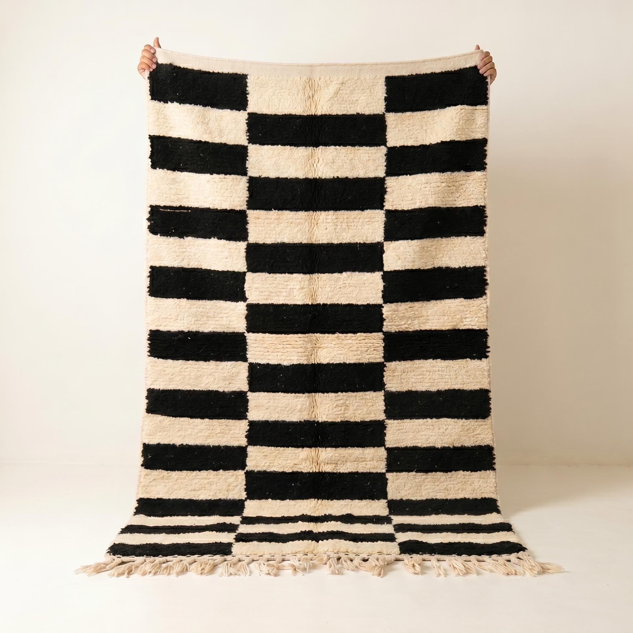 Checkered Rug - Ivory Black Wool Rug - Handmade Stripe Block Rug - Minimalist Area Rug - Berber Carpet - Multiple Sizes