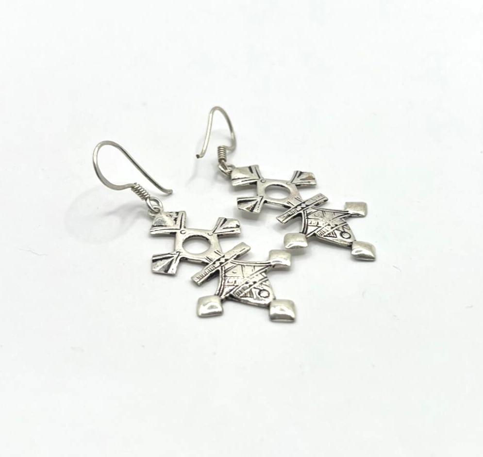 Tuareg Croix du Sud Sterling Silver Spiral Bohemian Cross Earrings: Berber Tribal Ethnic Jewelry