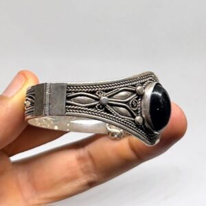Vintage Berber Sterling Silver Cuff Bracelet: Agate Stone, Amazigh Tribal Jewelry