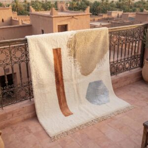 Berber Authentic Beni Ourain Rug, Abstract Rust Beige Wool Carpet, Plush Shag Living Room Decor