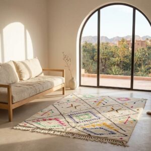 Hand-knotted Ivory Beni Ourain Wool Rug, Colorful Berber Symbols, Plush Shag Carpet