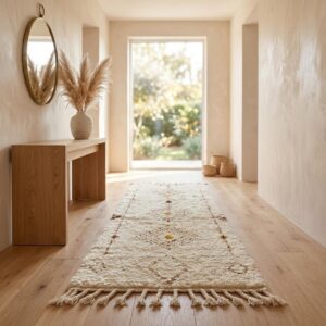 Beni Ourain Runner Rug, Berber Hallway Carpet, Cream and Brown Tribal Shag, Modern Minimalist Entryway Decor, Custom Size