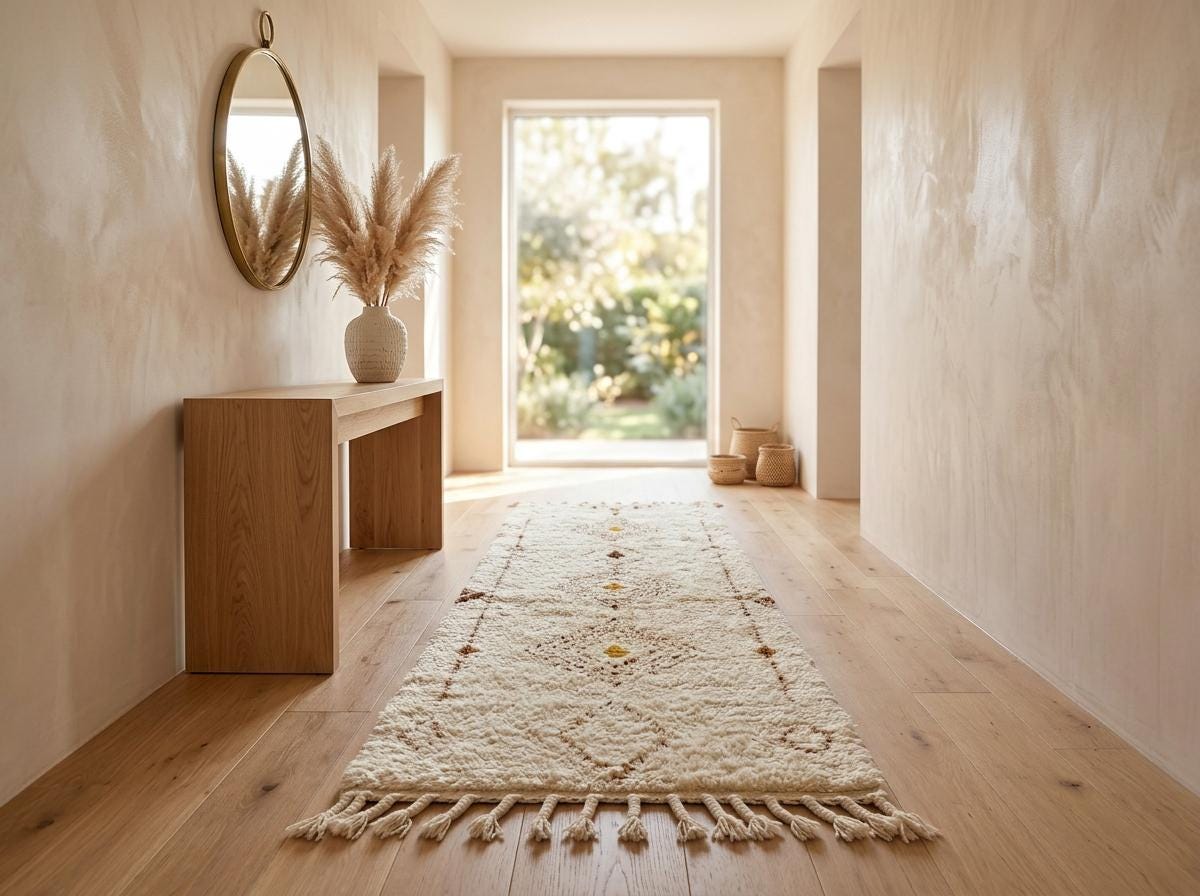 Beni Ourain Runner Rug, Berber Hallway Carpet, Cream and Brown Tribal Shag, Modern Minimalist Entryway Decor, Custom Size