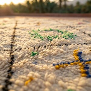 Hand-knotted Ivory Beni Ourain Wool Rug, Colorful Berber Symbols, Plush Shag Carpet