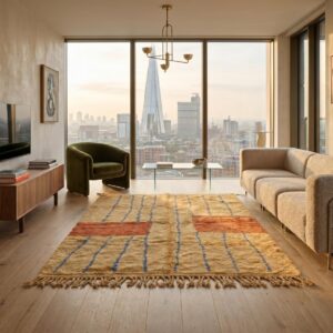 Terracotta Color Block Berber Rug - Camel & Blue Stripe Wool Shag, Handwoven Beni ourain Living Room Rug