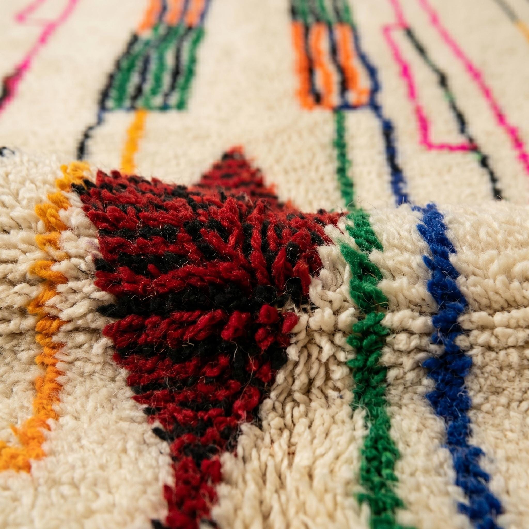 Colorful Ivory Azilal Rug - Handmade Berber Wool Rug - Tribal Geometric Boho Carpet - Multiple Sizes