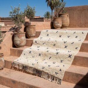 Hand-knotted Beni Ourain Wool Rug, Cream Berber Symbols, Boho Bedroom Decor