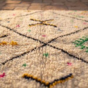 Hand-knotted Ivory Beni Ourain Wool Rug, Colorful Berber Symbols, Plush Shag Carpet