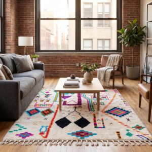 Azilal Rug - Ivory Wool Shag with Multicolor Folk Art Symbols, Handmade Tribal Berber Area Rug