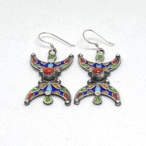 Berber Enamel Coral Sterling Silver Earrings: Amazigh Yaz Symbol Tribal Jewelry