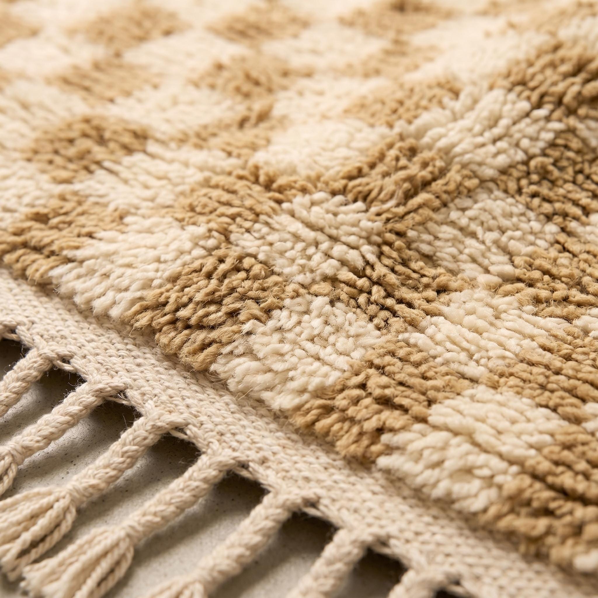 Checkered Rug - Ivory Camel Wool Rug - Handmade Neutral Checker Rug - Japandi Area Rug - Berber Carpet - Multiple Sizes