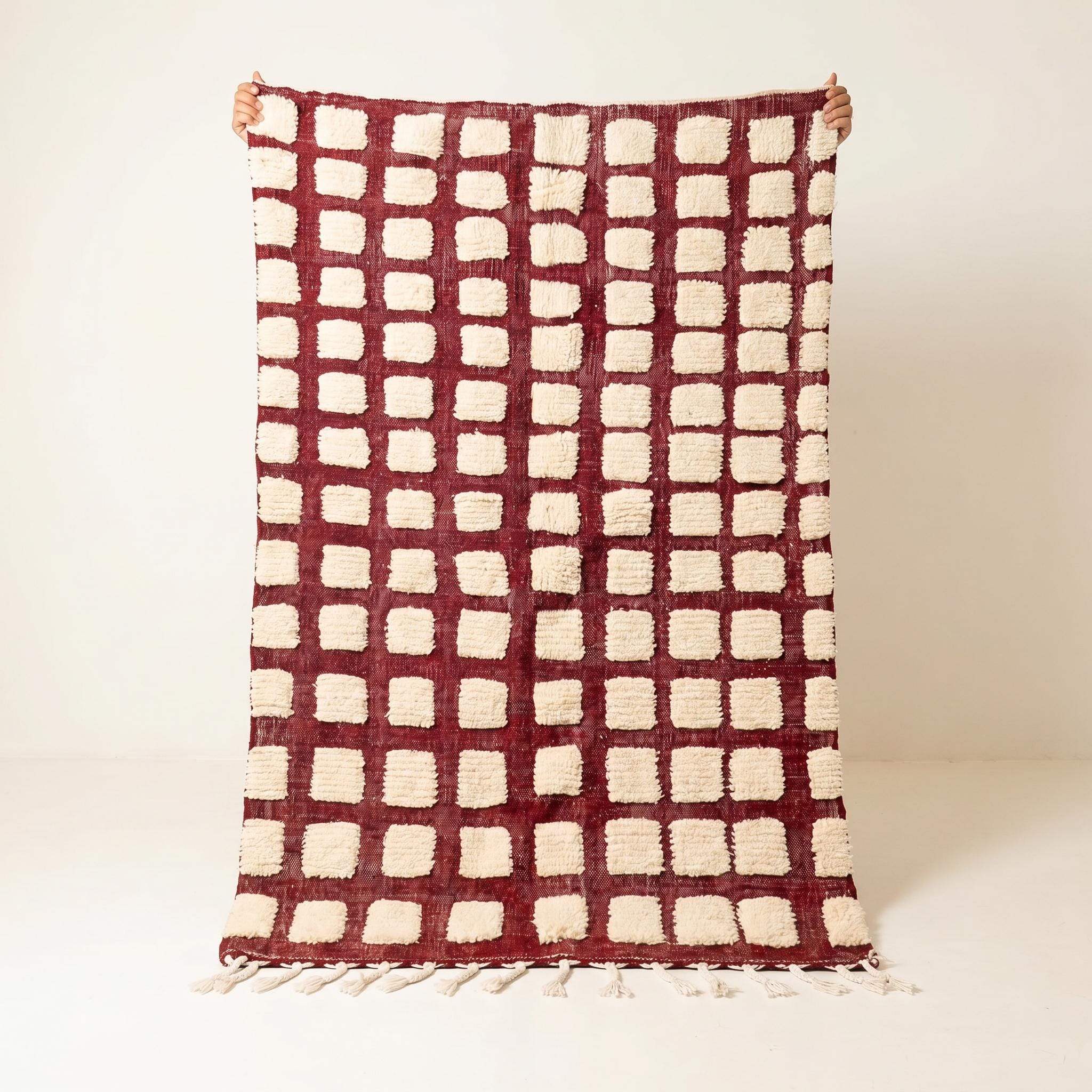 Checkered Rug - Burgundy Ivory Wool Rug - Handmade Checker Rug - Maximalist Area Rug - Rich Berber Carpet - Multiple Sizes