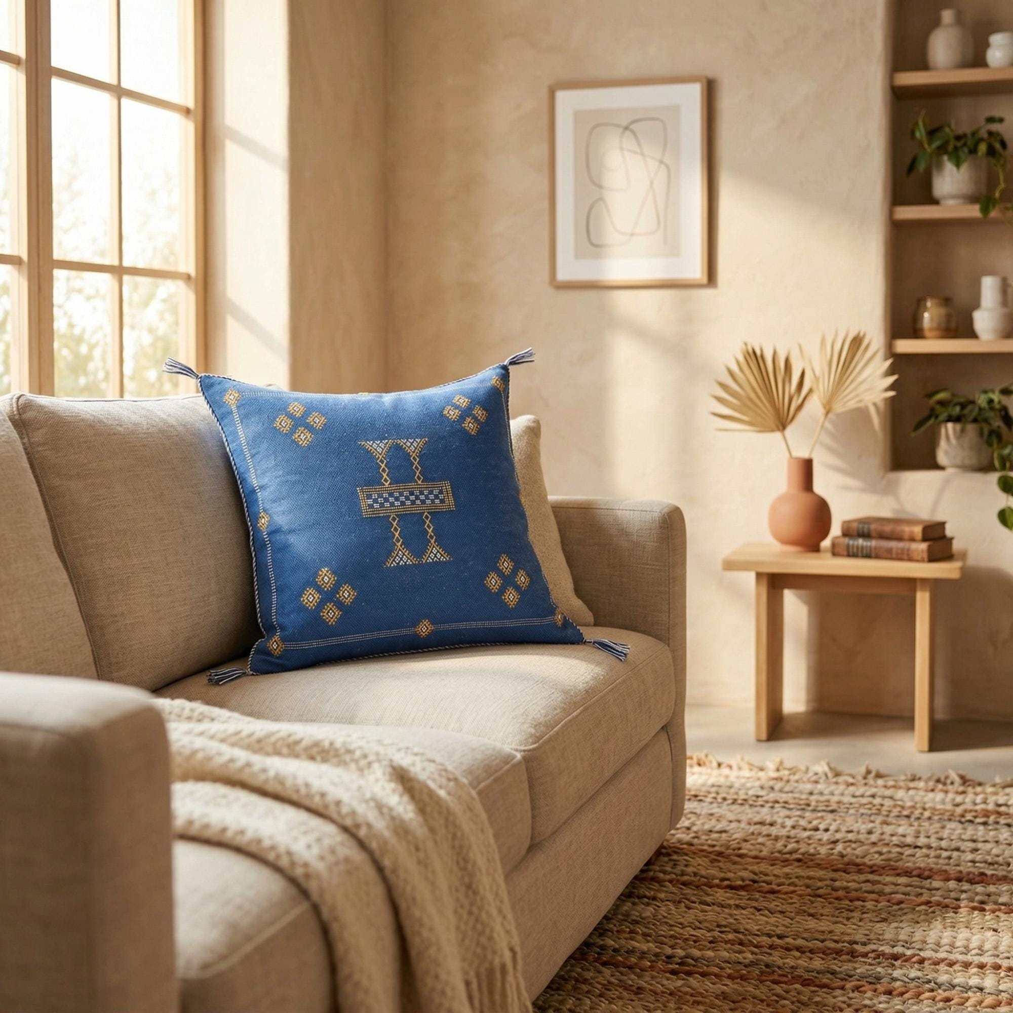 Berber Blue Cactus Silk Handmade Sabra Cushion Pillow