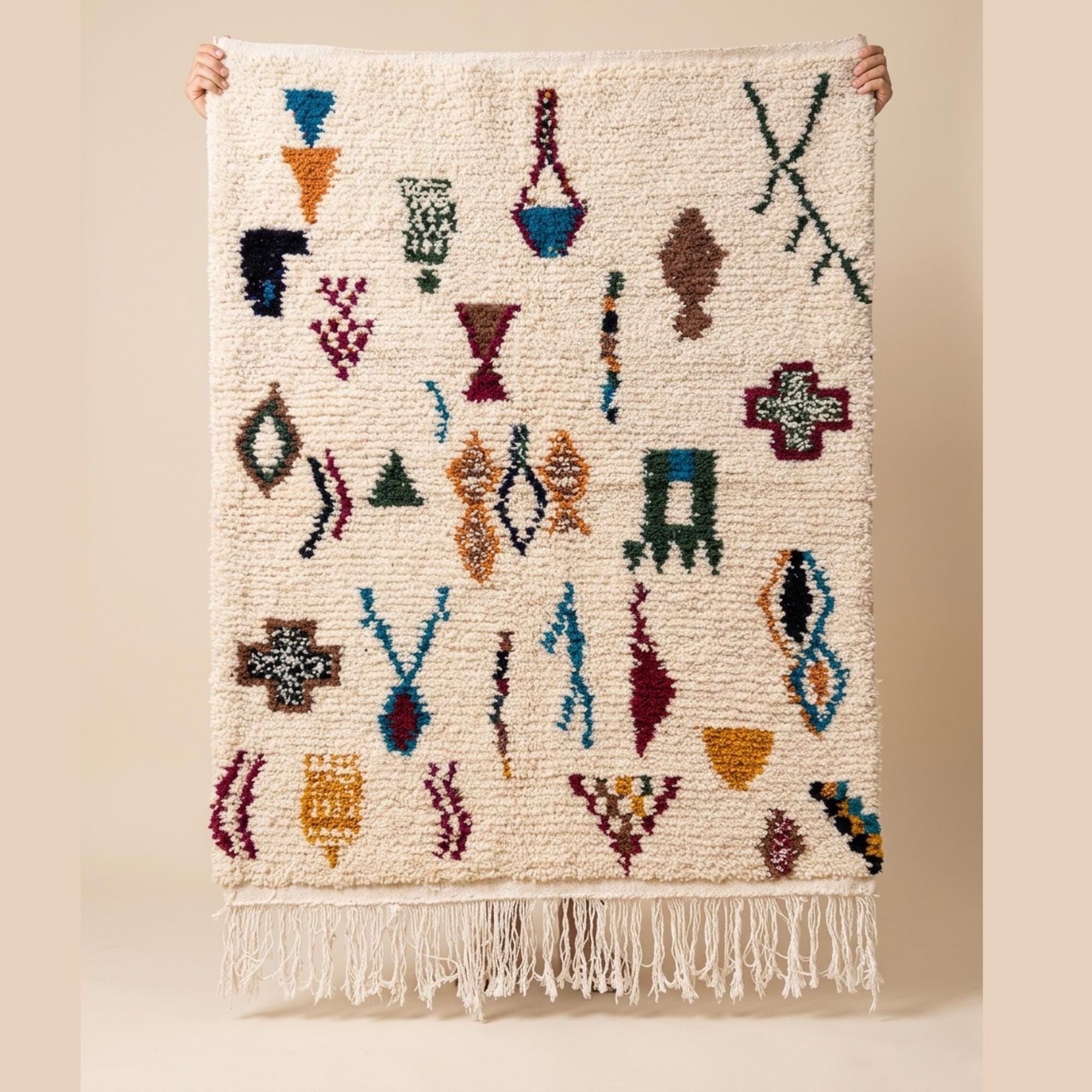 Azilal Rug - Ivory Multicolor Wool Rug - Handmade Symbol Rug - Colorful Berber Carpet - Boho Area Rug - Multiple Sizes