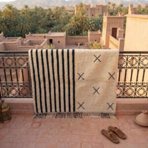 Handwoven Beni Ourain Rug, Black White Stripes, Asymmetric Berber Carpet, Boho Living Room