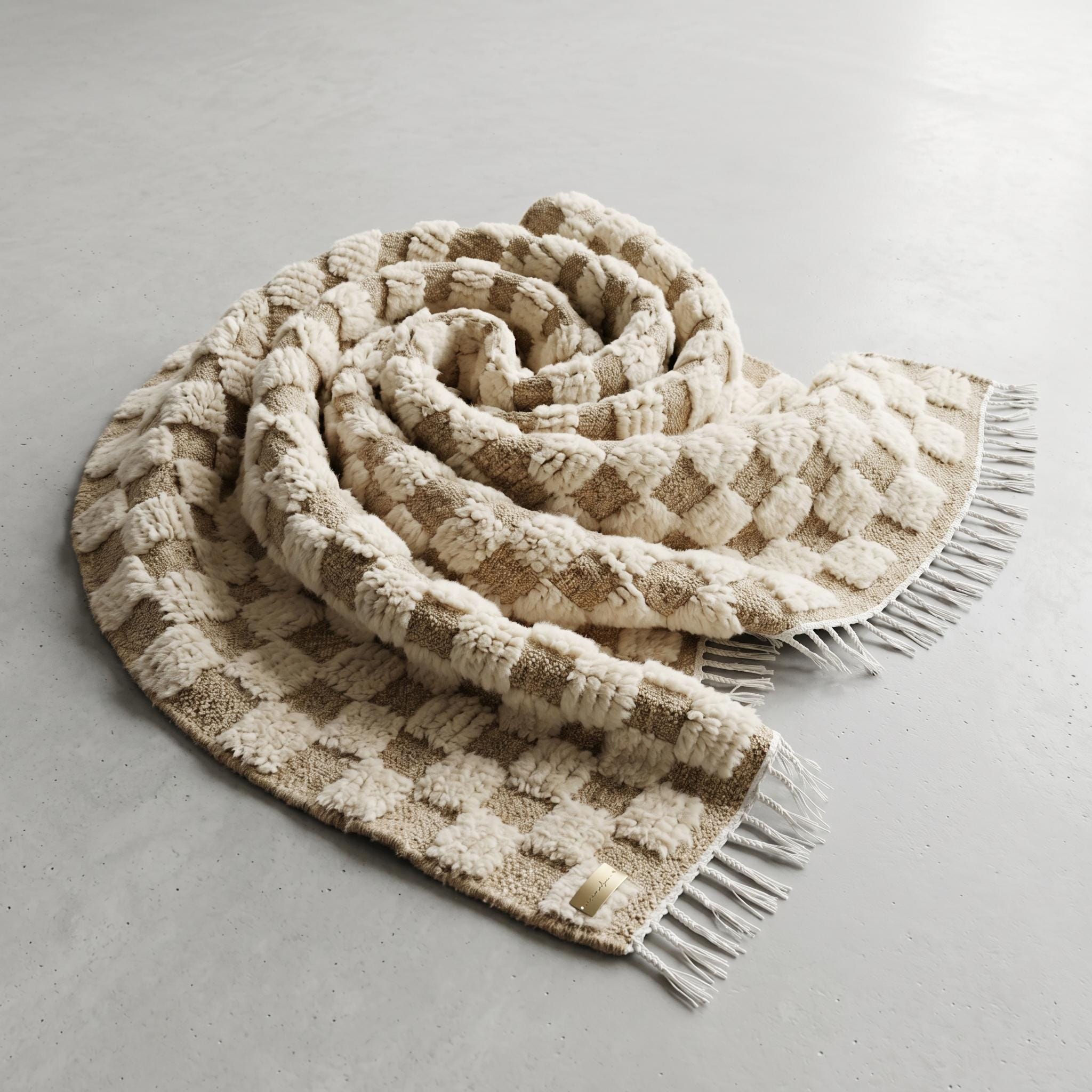 Checkered Rug - Ivory Beige Wool Rug - Handmade Checker Rug - Japandi Area Rug - Neutral Berber Carpet - Multiple Sizes