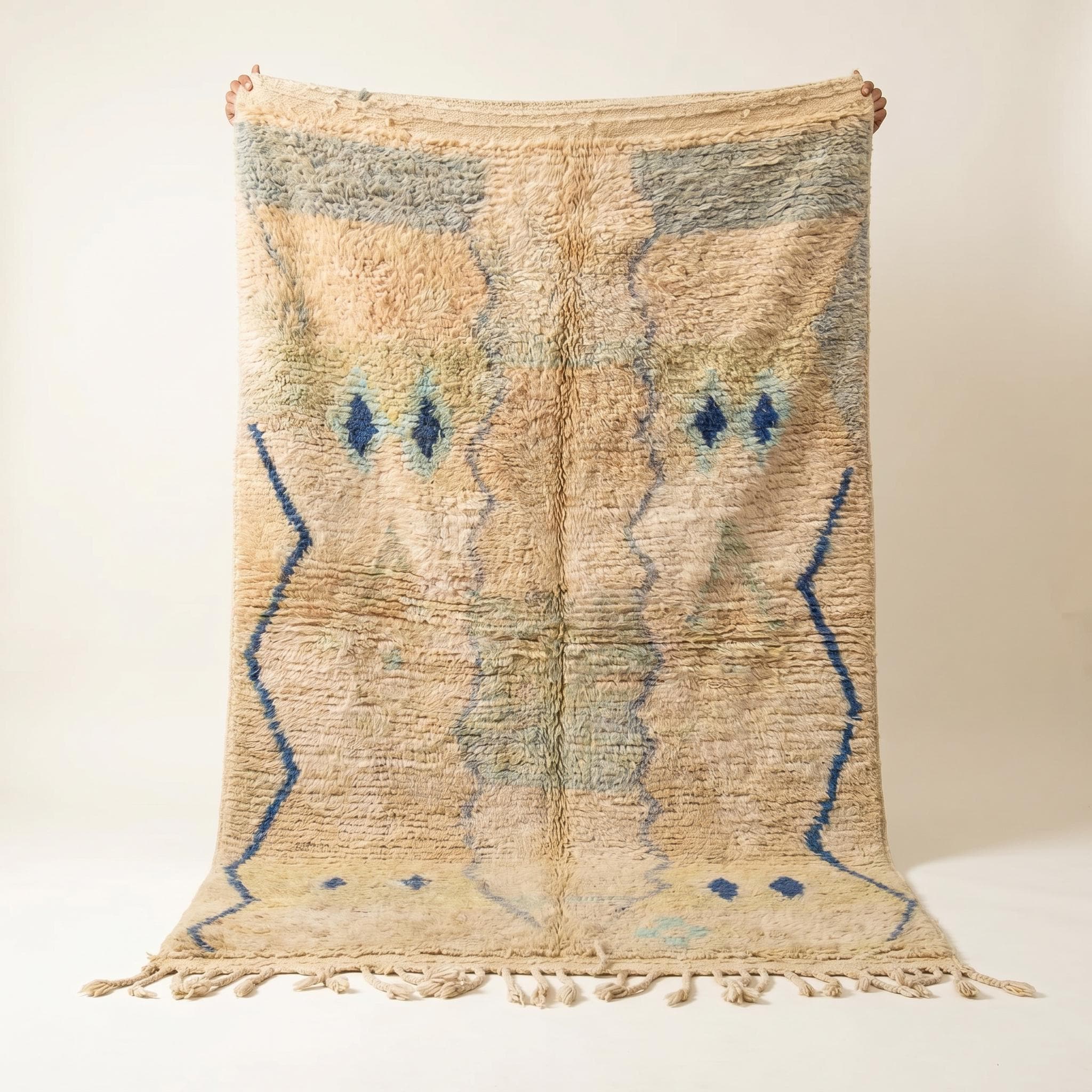 Boujaad Rug - Sandy Beige Blue Wool Rug - Handmade Tribal Diamond Rug - 8x5 Soft Boho Area Rug - One of a Kind Berber Carpet
