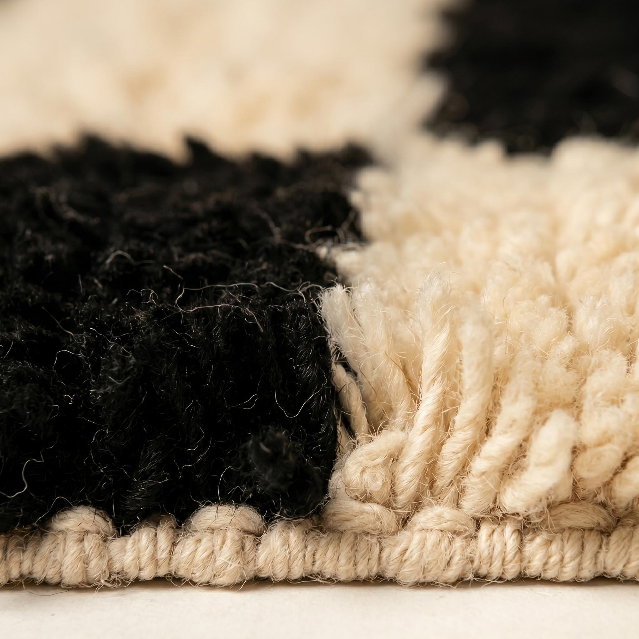 Checkered Rug - Ivory Black Wool Rug - Handmade Stripe Block Rug - Minimalist Area Rug - Berber Carpet - Multiple Sizes