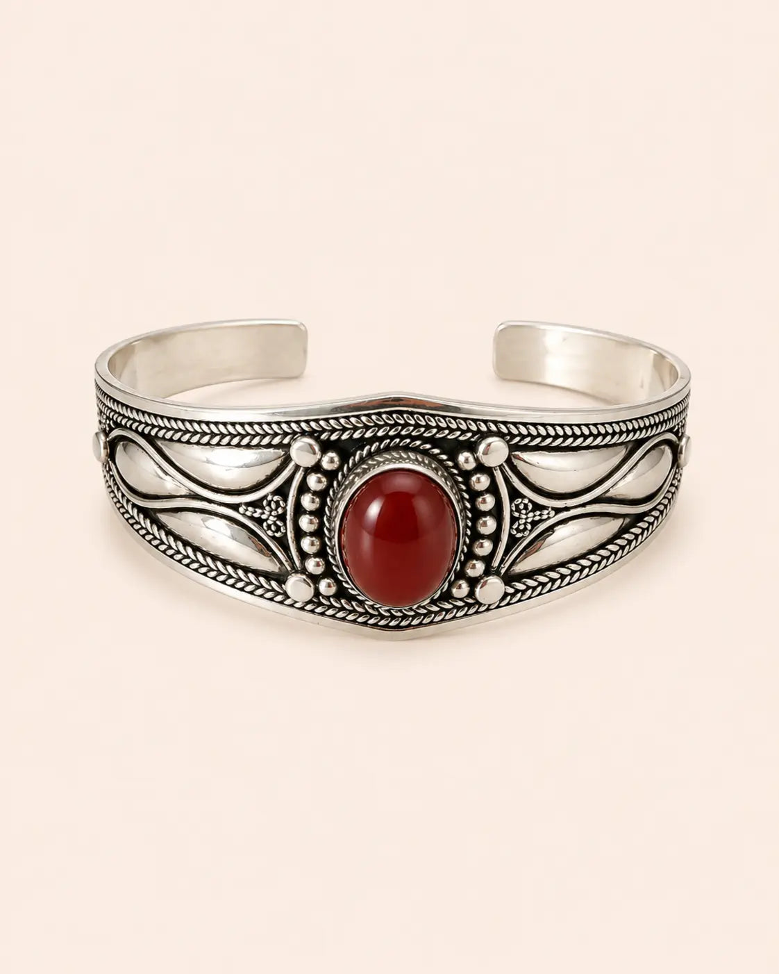 Amazigh Silver Bracelet – Tagrayt Red Onyx Filigree Cuff Design