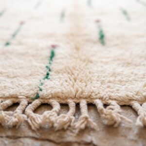 Berber Shag Rug - Ivory Wool with Green Stem & Pink Flower Motifs, Soft Handmade Area Rug