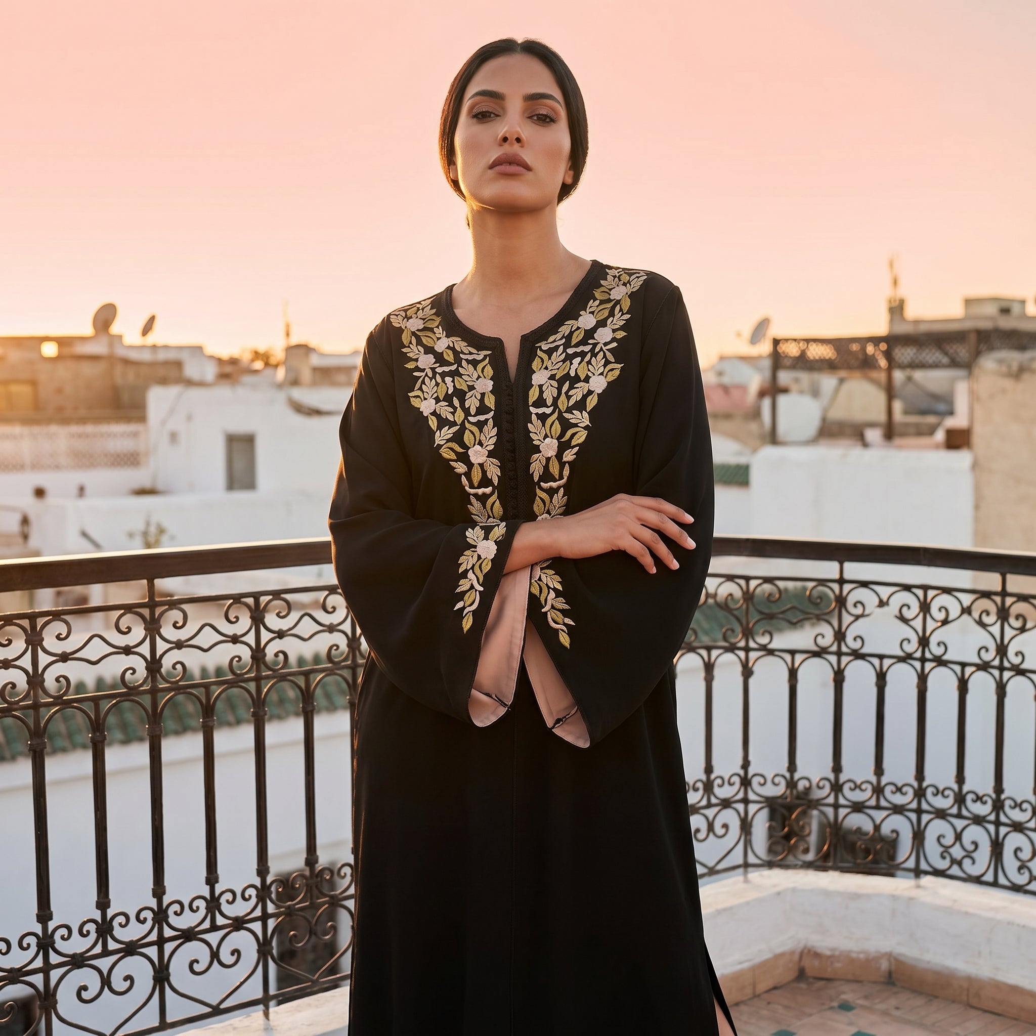 noir Kaftan - Beige Motif Occasion Wear