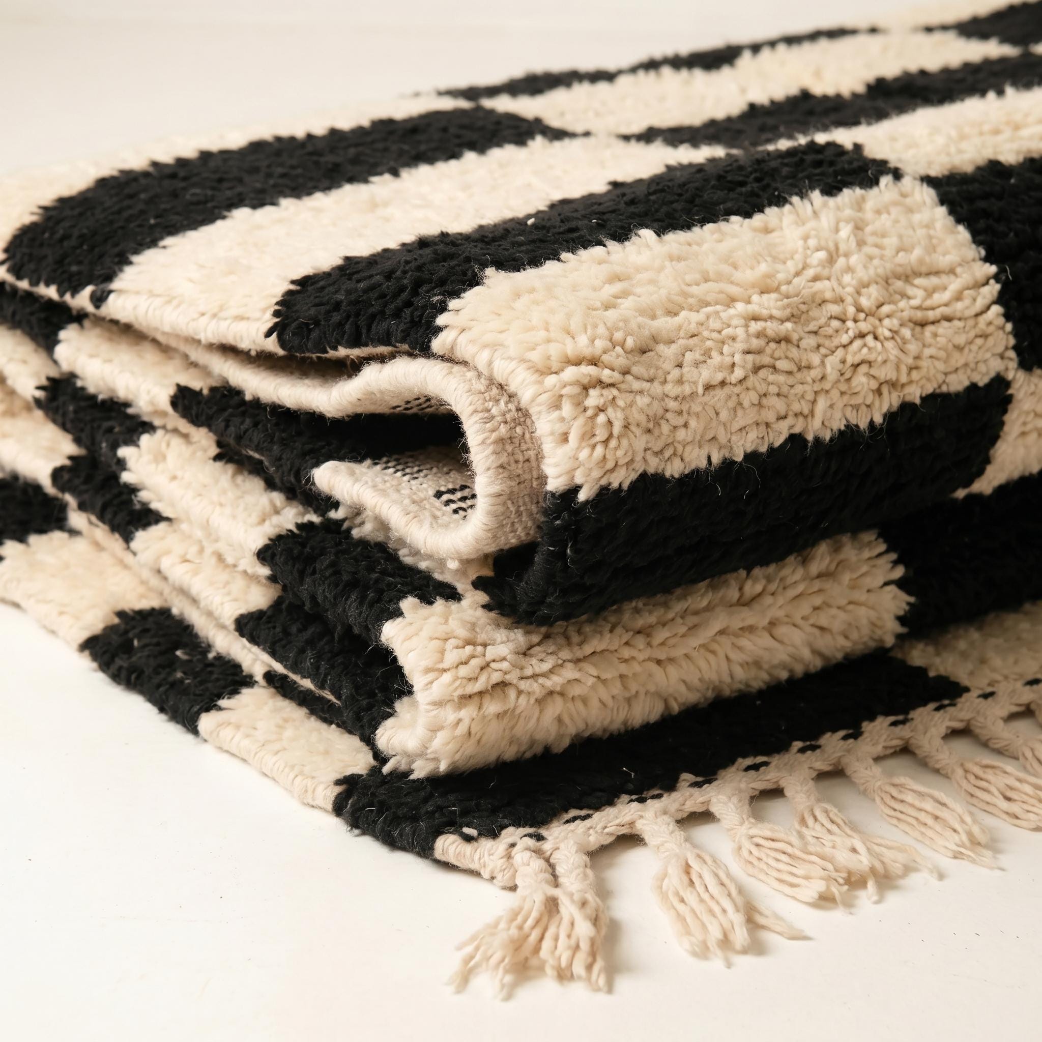 Checkered Rug - Ivory Black Wool Rug - Handmade Stripe Block Rug - Minimalist Area Rug - Berber Carpet - Multiple Sizes