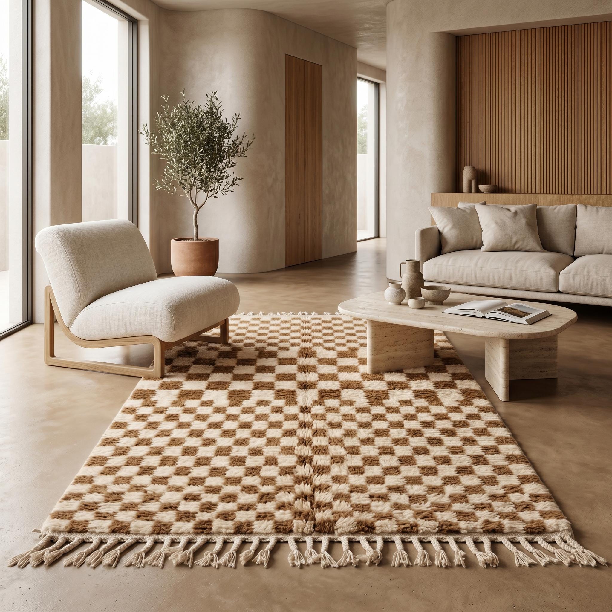 Checkered Rug - Ivory Camel Wool Rug - Handmade Neutral Checker Rug - Japandi Area Rug - Berber Carpet - Multiple Sizes