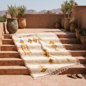 Handmade Beni Ourain Amazigh Rug, Ivory Wool Shag, Saffron Purple Amber Totem Carpet