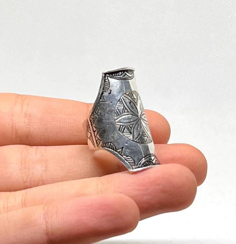 Handmade Berber Sterling Silver Ring: Tuareg African Long Engraved Tribal Ethnic Boho Jewelry