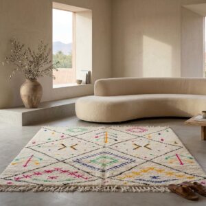 Hand-knotted Ivory Beni Ourain Wool Rug, Colorful Berber Symbols, Plush Shag Carpet