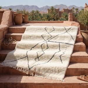 Hand-Knotted Ivory Wool Rug, Minimalist Black Diamond Berber Carpet, Scandinavian Shag Home