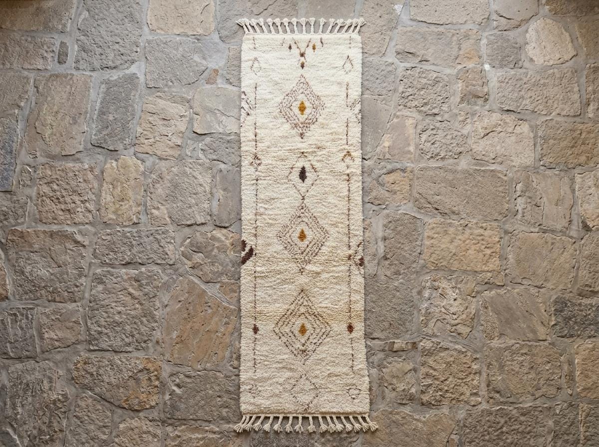 Beni Ourain Runner Rug, Berber Hallway Carpet, Cream and Brown Tribal Shag, Modern Minimalist Entryway Decor, Custom Size