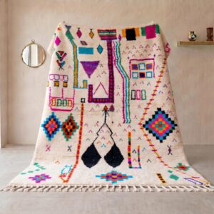 Azilal Rug - Ivory Wool Shag with Multicolor Folk Art Symbols, Handmade Tribal Berber Area Rug
