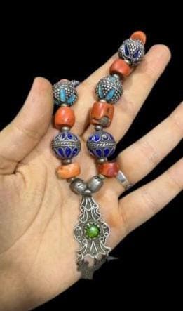 Vintage Coral Lapis Lazuli Necklace, Sterling Silver, Tibetan Tribal Jewelry