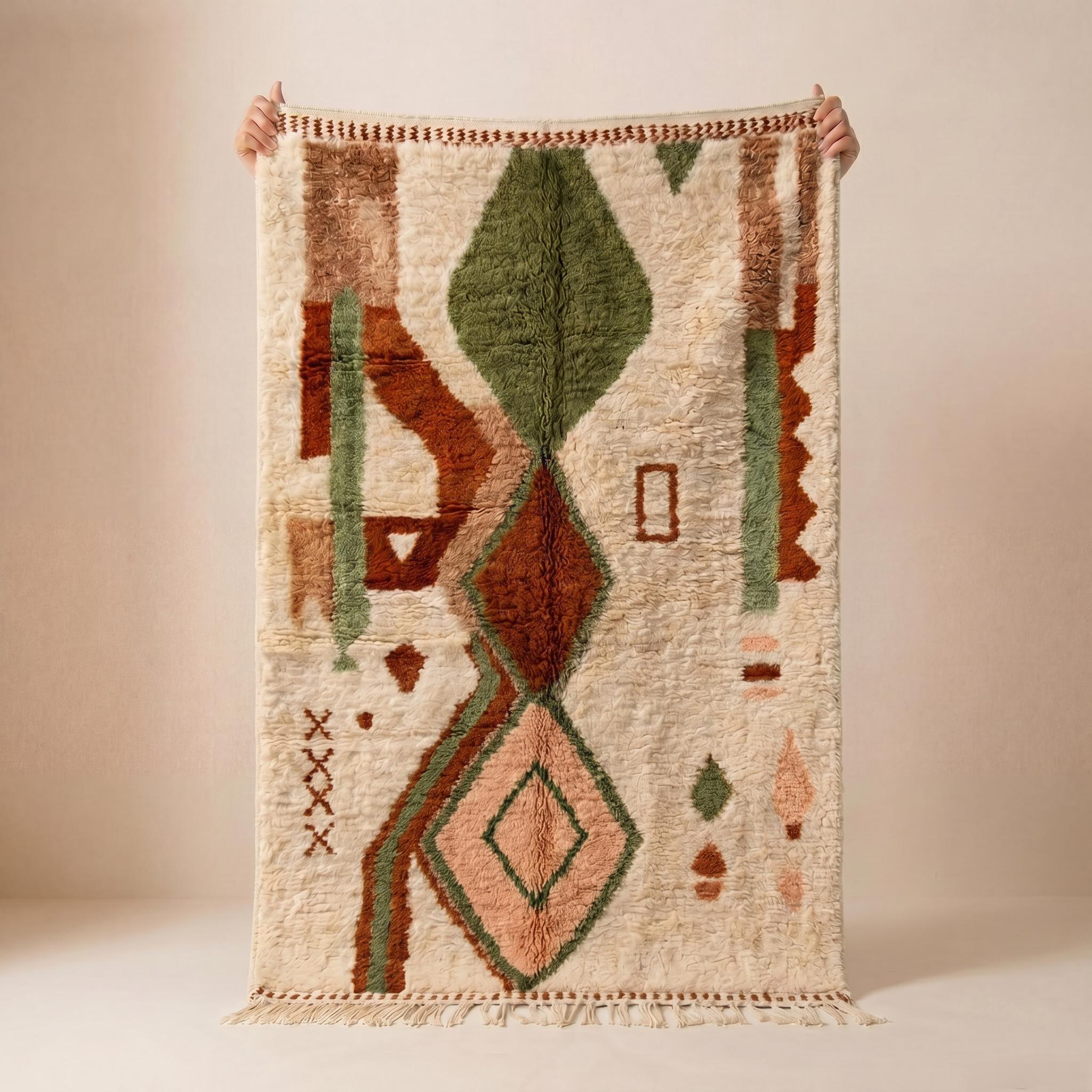 Azilal Rug - Ivory Sage Green Blush Wool Rug - Handmade Tribal Diamond Rug - Soft Boho Area Rug - Berber Carpet - Multiple Sizes