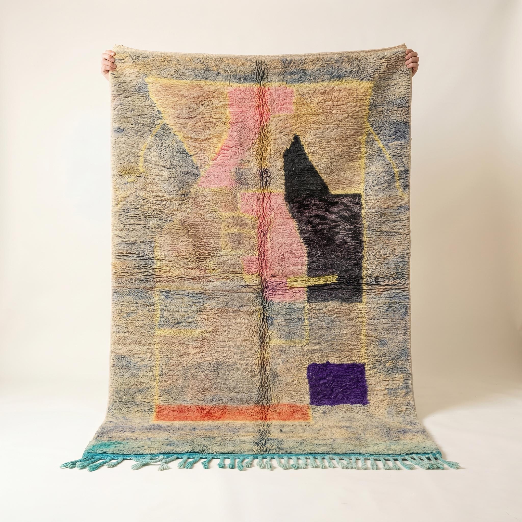 Boujaad Rug - Grey Blue Pink Wool Rug - Handmade Abstract Geometric Art Rug - One of a Kind Boho Berber Carpet