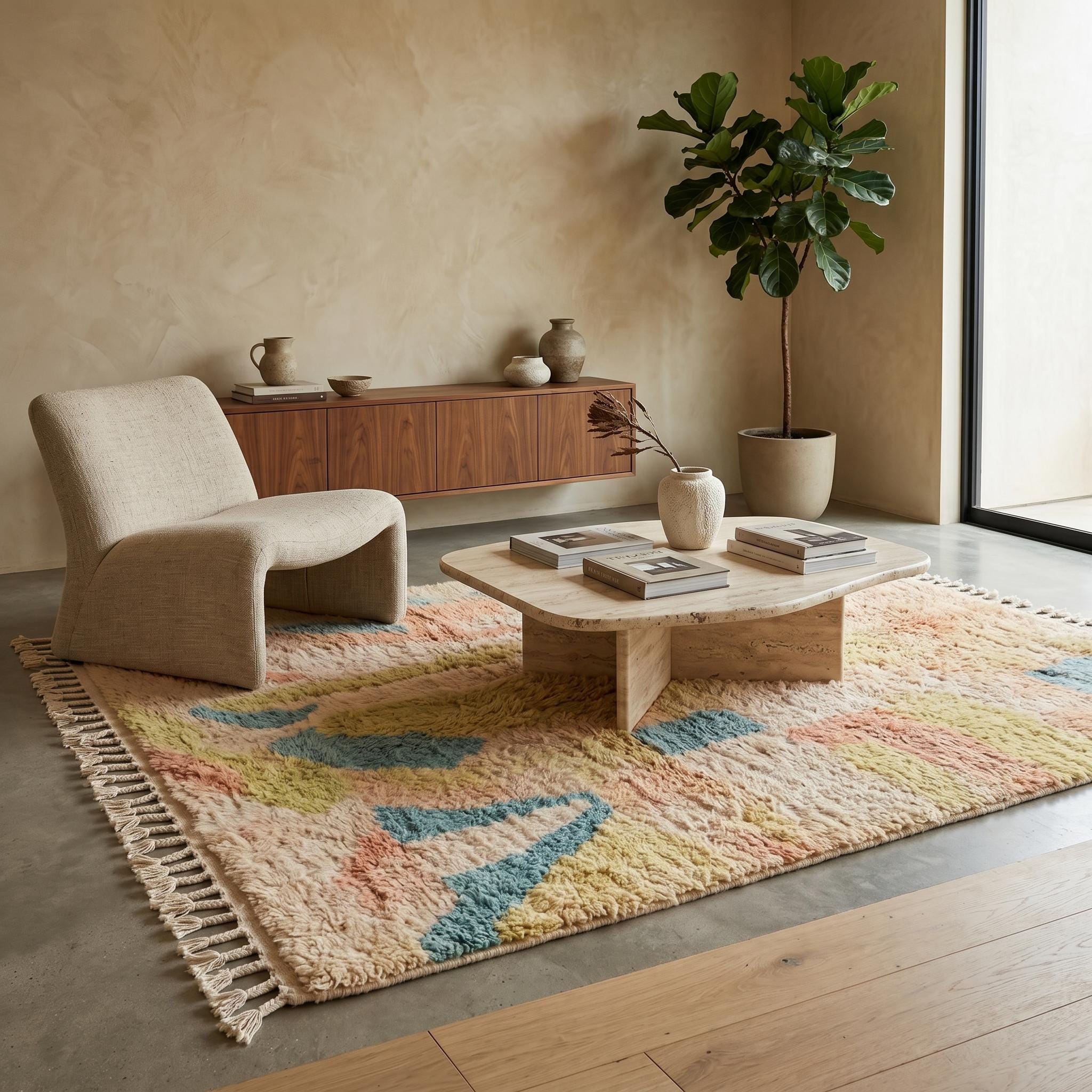 Boujaad Rug - Peach Sage Blue Pastel Wool Rug - Handmade Watercolor Abstract Rug - One of a Kind Boho Berber Carpet