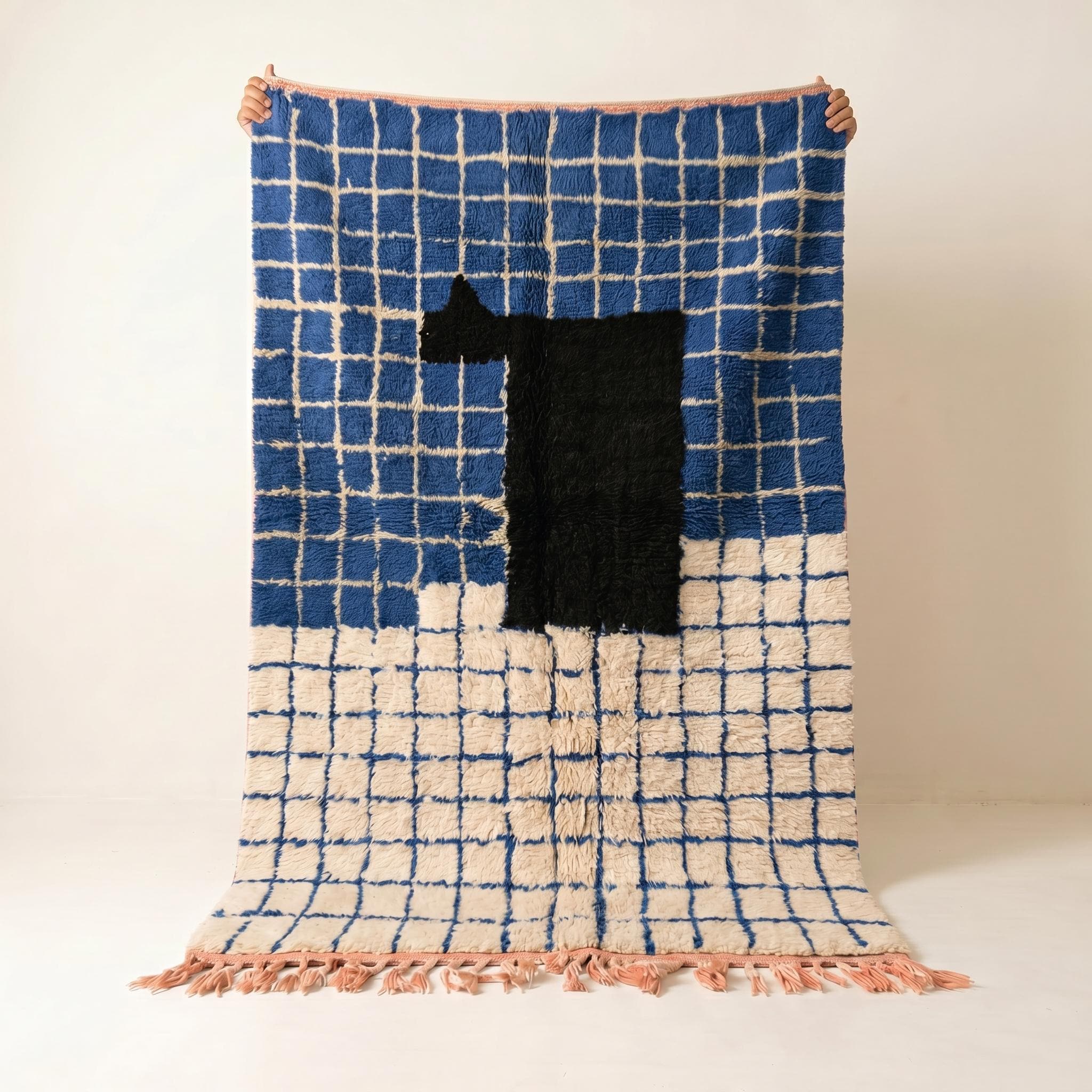 Boujaad Rug - Royal Blue Ivory Wool Rug - Handmade Grid Abstract Art Rug - Bold Area Rug - Berber Carpet - Multiple Sizes
