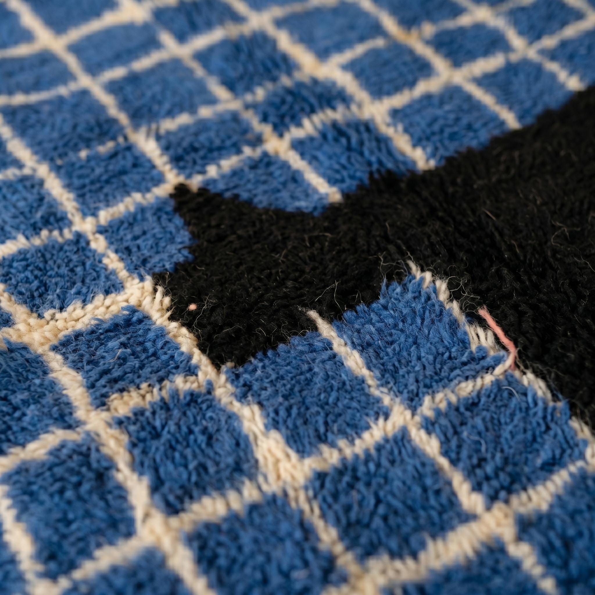 Boujaad Rug - Royal Blue Ivory Wool Rug - Handmade Grid Abstract Art Rug - Bold Area Rug - Berber Carpet - Multiple Sizes